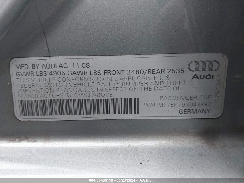 2009 Audi A4 2.0T Premium VIN: WAUMF78K79N043892 Lot: 39496110