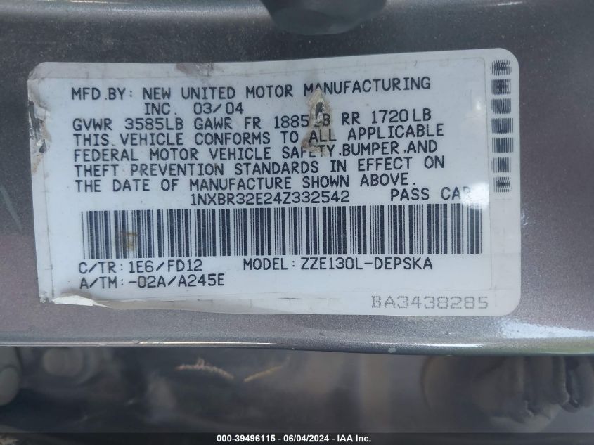 2004 Toyota Corolla S VIN: 1NXBR32E24Z332542 Lot: 39496115