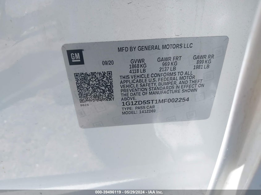2021 Chevrolet Malibu Fwd Lt VIN: 1G1ZD5ST1MF002254 Lot: 39496119