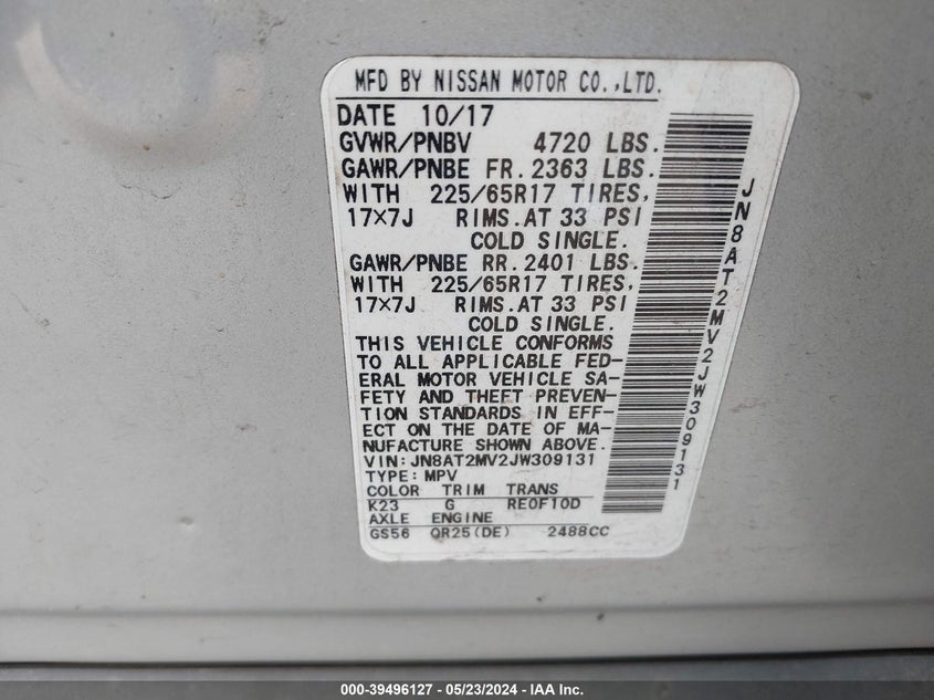 2018 Nissan Rogue S VIN: JN8AT2MV2JW309131 Lot: 39496127