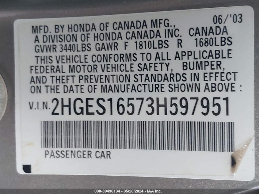 2003 Honda Civic Lx VIN: 2HGES16573H597951 Lot: 39496134