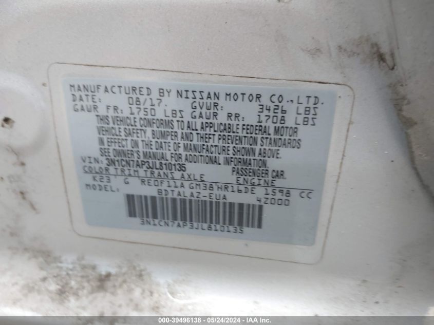 2018 Nissan Versa 1.6 S+ VIN: 3N1CN7AP3JL810135 Lot: 39496138