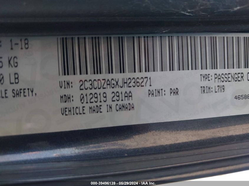 2018 Dodge Challenger Sxt VIN: 2C3CDZAGXJH236271 Lot: 39496139