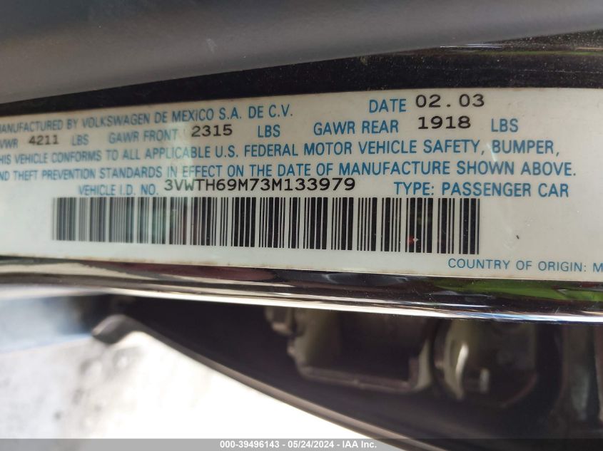 2003 Volkswagen Jetta Glx VIN: 3VWTH69M73M133979 Lot: 39496143