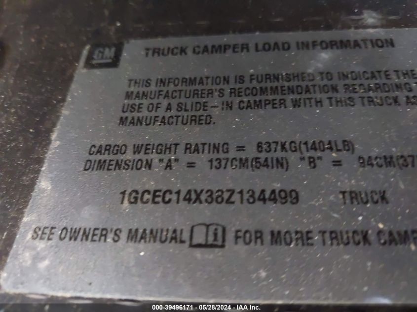 2008 Chevrolet Silverado 1500 Work Truck VIN: 1GCEC14X38Z134499 Lot: 39496171