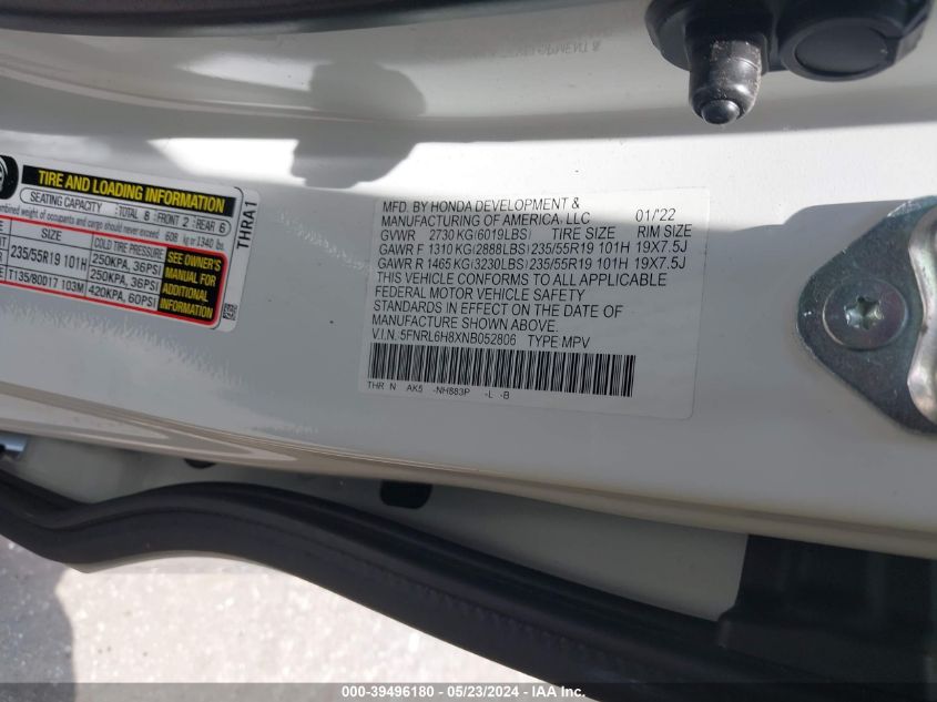 2022 Honda Odyssey Touring VIN: 5FNRL6H8XNB052806 Lot: 39496180