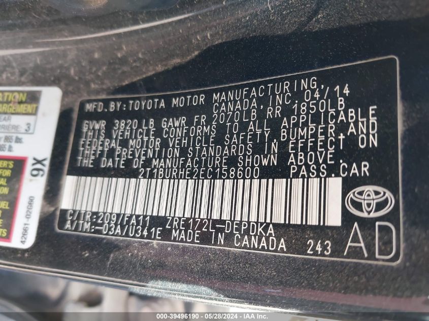 2014 Toyota Corolla L VIN: 2T1BURHE2EC158600 Lot: 39496190