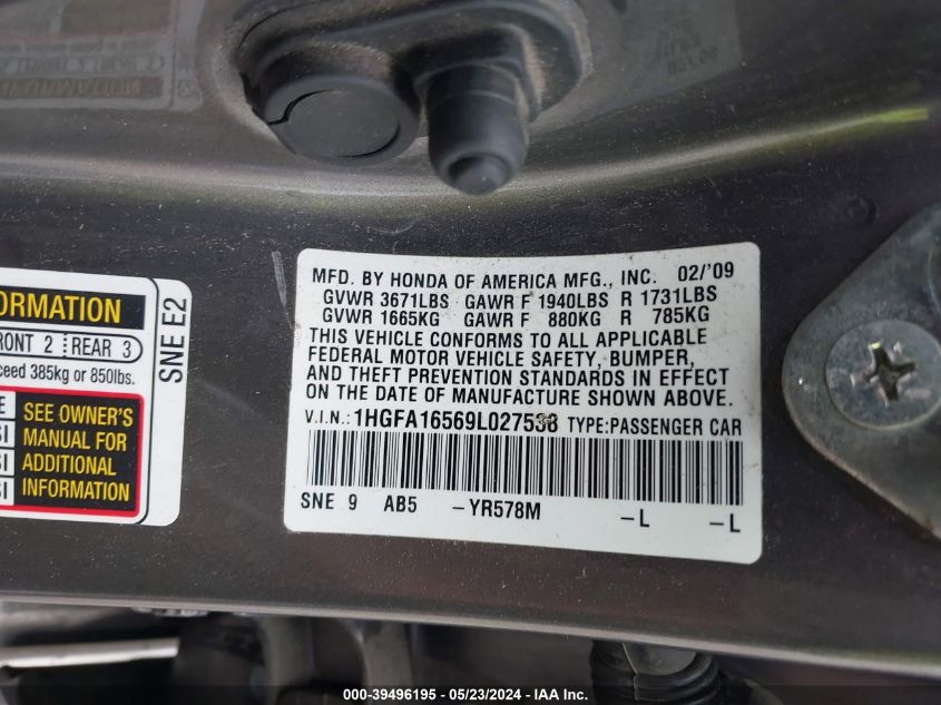 2009 Honda Civic Lx VIN: 1HGFA16569L027538 Lot: 39496195