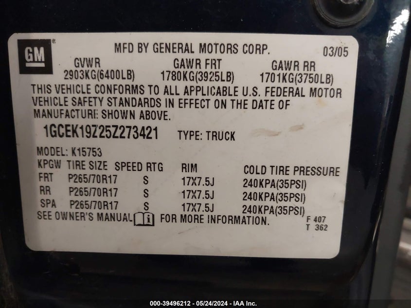 2005 Chevrolet Silverado 1500 Z71 VIN: 1GCEK19Z25Z273421 Lot: 39496212