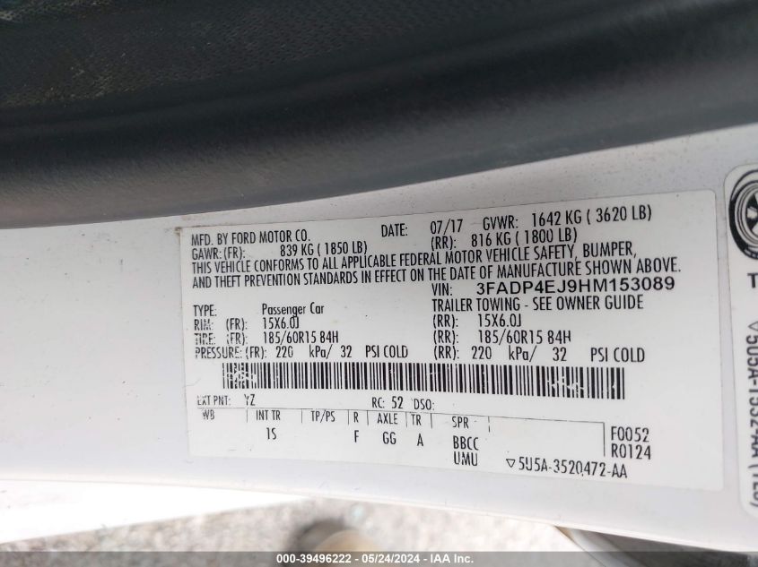 2017 FORD FIESTA SE - 3FADP4EJ9HM153089