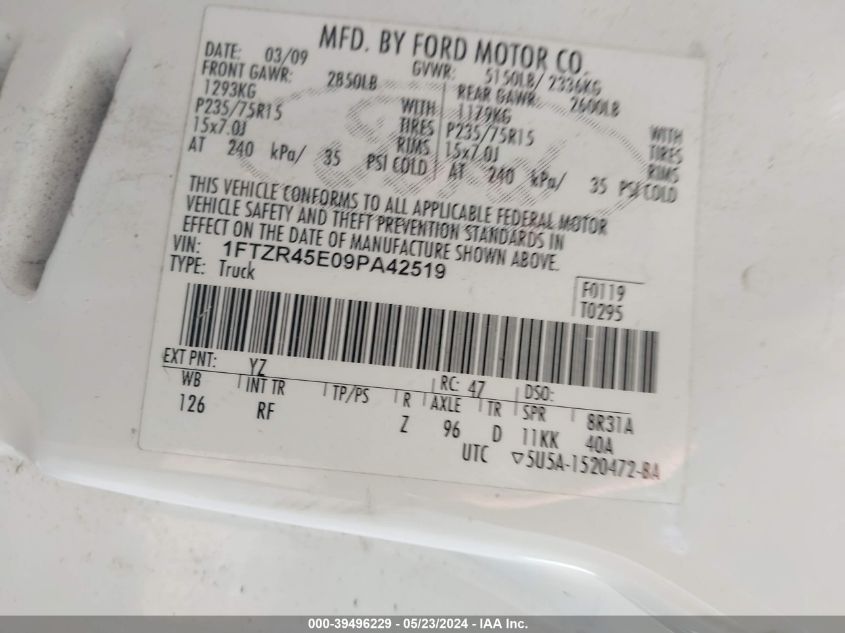 2009 Ford Ranger Xlt VIN: 1FTZR45E09PA42519 Lot: 39496229