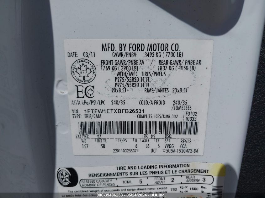 2011 Ford F-150 Fx4 VIN: 1FTFW1ETXBFB26531 Lot: 39496253