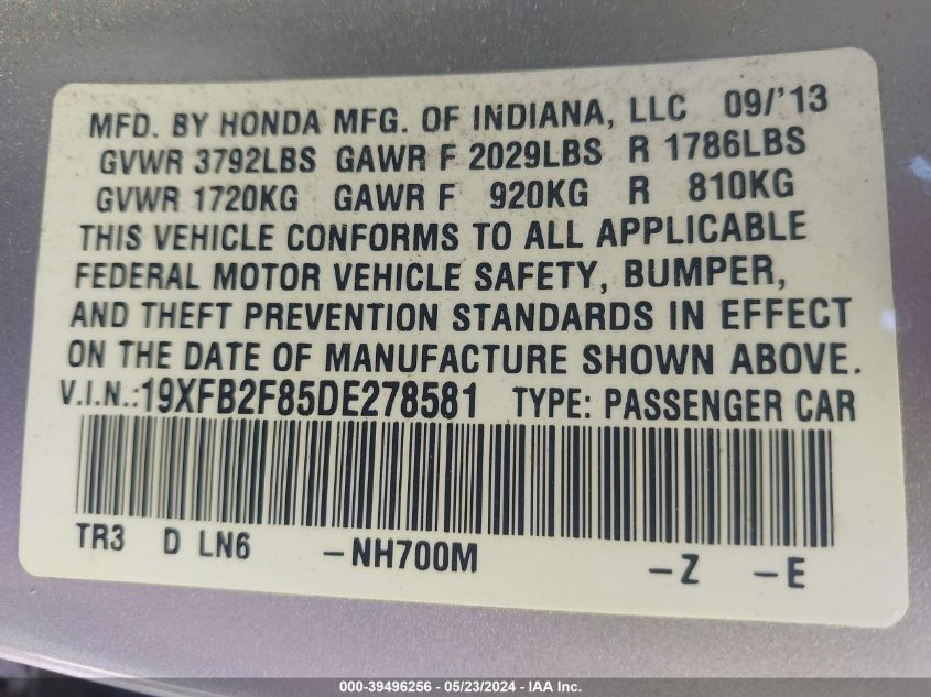 2013 Honda Civic Ex VIN: 19XFB2F85DE278581 Lot: 39496256