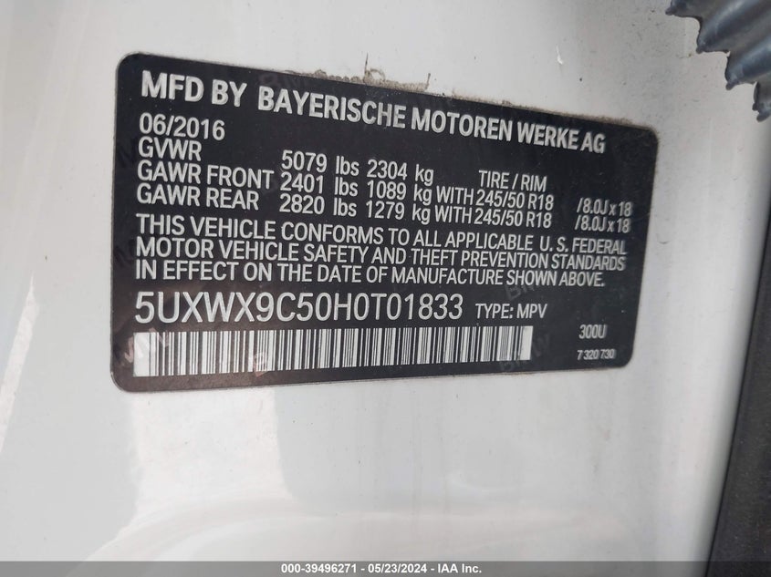 VIN 5UXWX9C50H0T01833 2017 BMW X3 XDRIVE28I