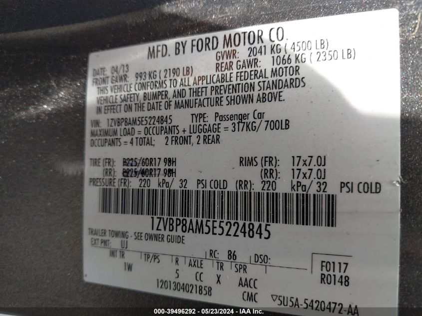 2014 Ford Mustang V6 VIN: 1ZVBP8AM5E5224845 Lot: 39496292