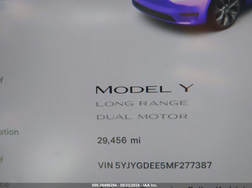 2021 Tesla Model Y Long Range Dual Motor All-Wheel Drive VIN: 5YJYGDEE5MF277387 Lot: 39496294