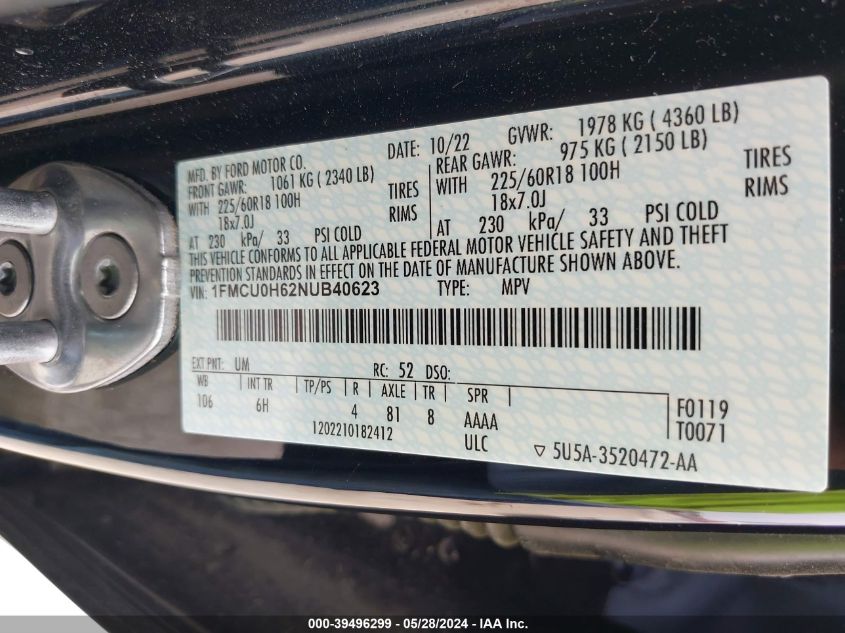 2022 Ford Escape Sel VIN: 1FMCU0H62NUB40623 Lot: 39496299