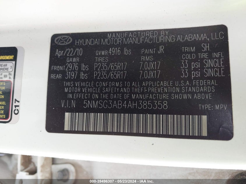 2010 Hyundai Santa Fe Gls VIN: 5NMSG3AB4AH385358 Lot: 39496307