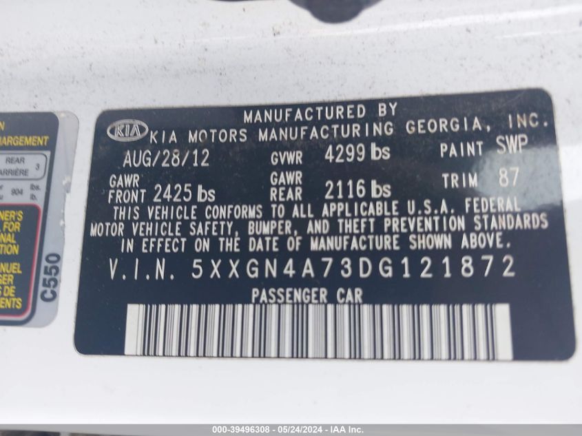 2013 Kia Optima Ex VIN: 5XXGN4A73DG121872 Lot: 39496308