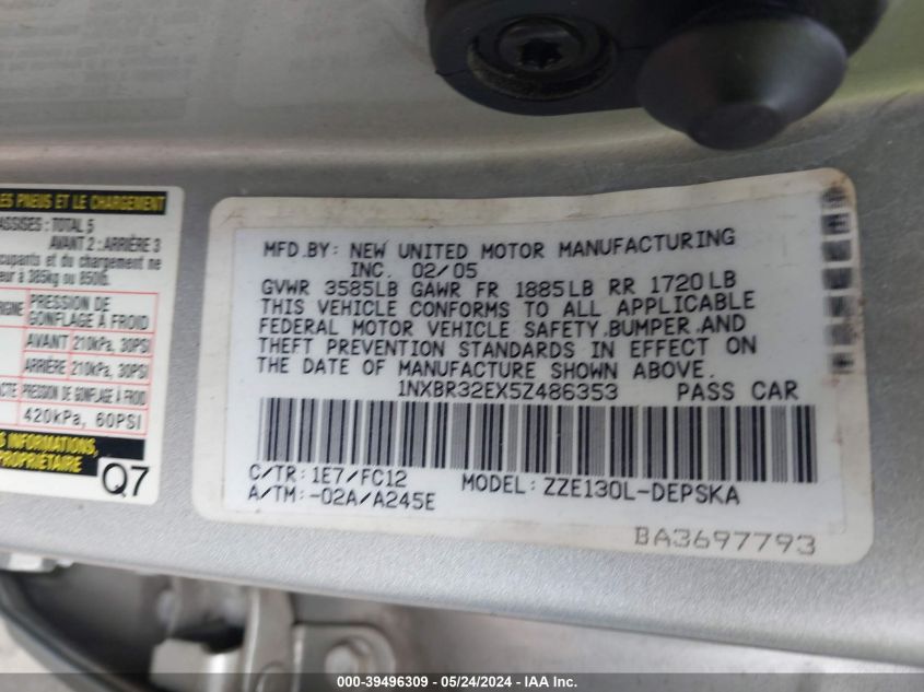 2005 Toyota Corolla S VIN: 1NXBR32EX5Z486353 Lot: 39496309