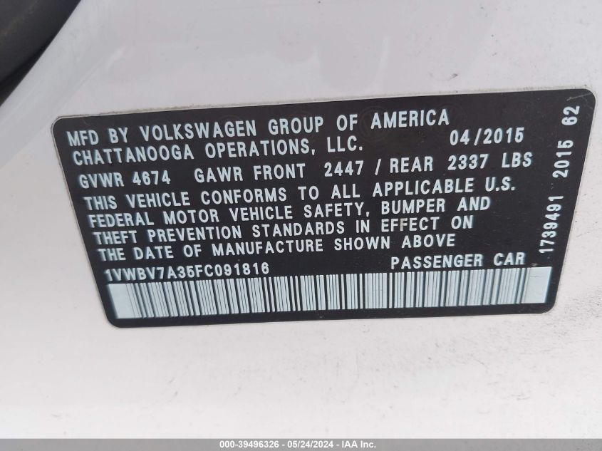 2015 Volkswagen Passat 2.0L Tdi Se VIN: 1VWBV7A35FC091816 Lot: 39496326