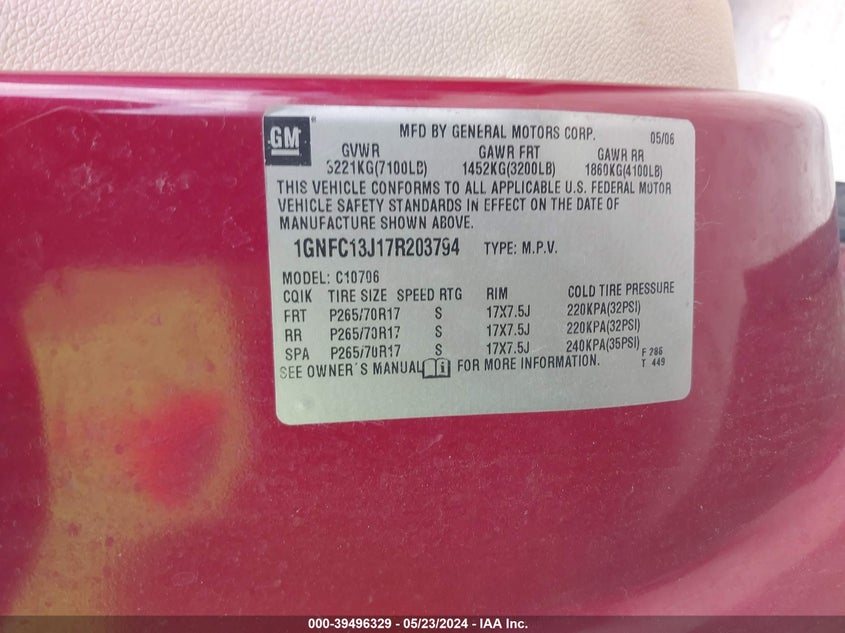 2007 Chevrolet Tahoe Lt VIN: 1GNFC13J17R203794 Lot: 39496329