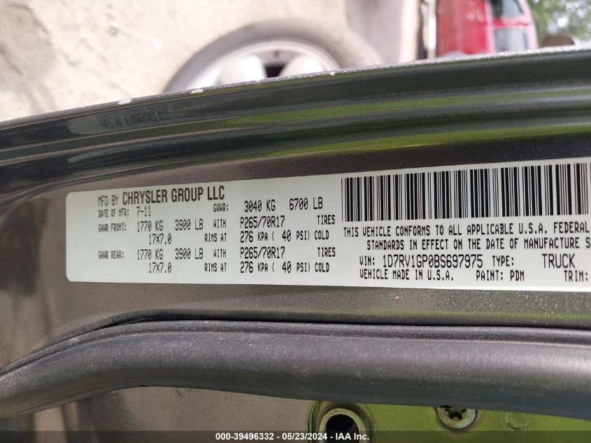 2011 Ram Ram 1500 Slt VIN: 1D7RV1GP0BS697975 Lot: 39496332