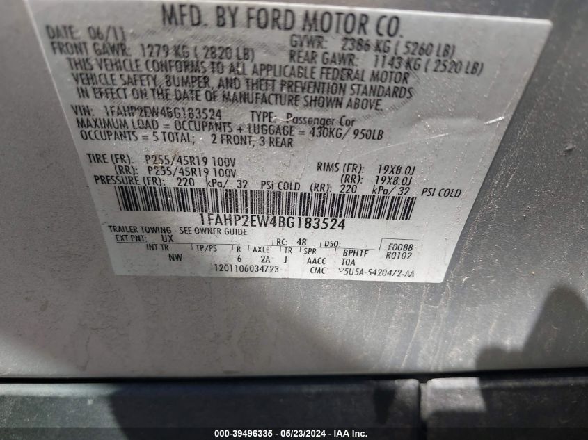 2011 Ford Taurus Sel VIN: 1FAHP2EW4BG183524 Lot: 39496335