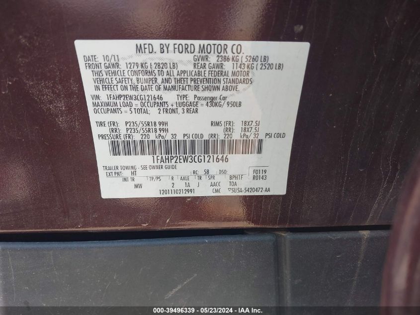 2012 Ford Taurus Sel VIN: 1FAHP2EW3CG121646 Lot: 39496339