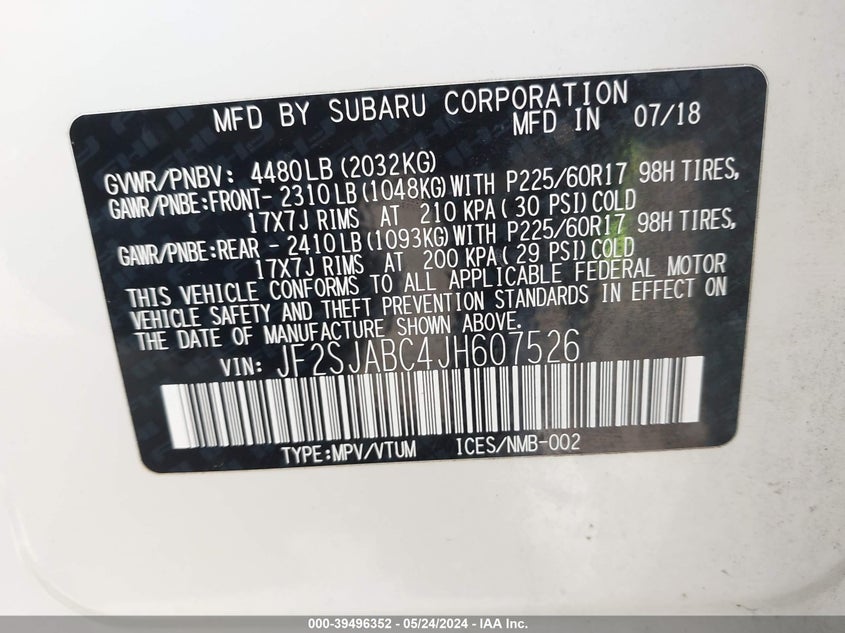 2018 Subaru Forester 2.5I VIN: JF2SJABC4JH607526 Lot: 39496352