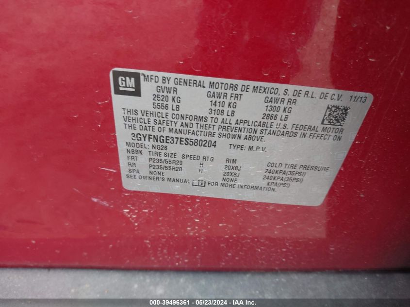 2014 Cadillac Srx Premium Collection VIN: 3GYFNGE37ES580204 Lot: 39496361
