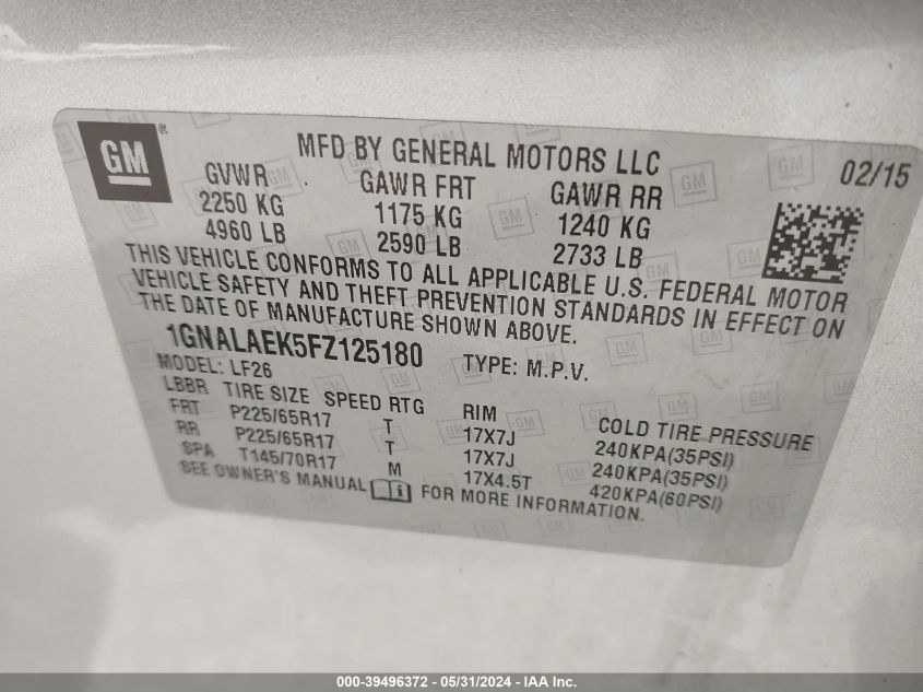 2015 Chevrolet Equinox Ls VIN: 1GNALAEK5FZ125180 Lot: 39496372