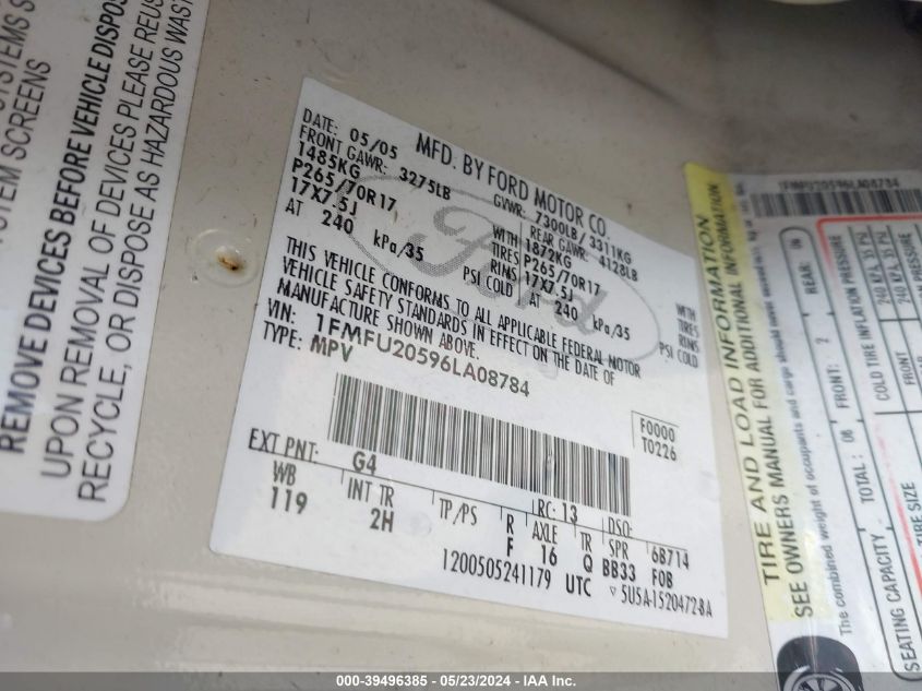 2006 Ford Expedition Limited VIN: 1FMFU20596LA08784 Lot: 39496385