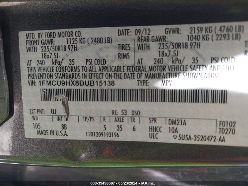 2013 Ford Escape Sel VIN: 1FMCU9HX8DUB15138 Lot: 39496387