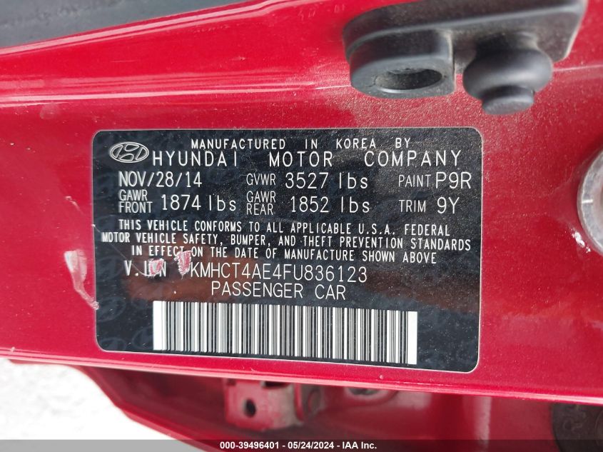 2015 Hyundai Accent Gls VIN: KMHCT4AE4FU836123 Lot: 39496401