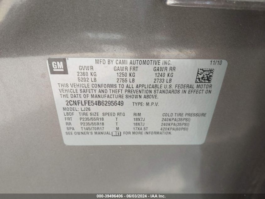 2011 Chevrolet Equinox Ltz VIN: 2CNFLFE54B6295649 Lot: 39496406