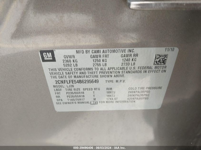 2011 Chevrolet Equinox Ltz VIN: 2CNFLFE54B6295649 Lot: 39496406