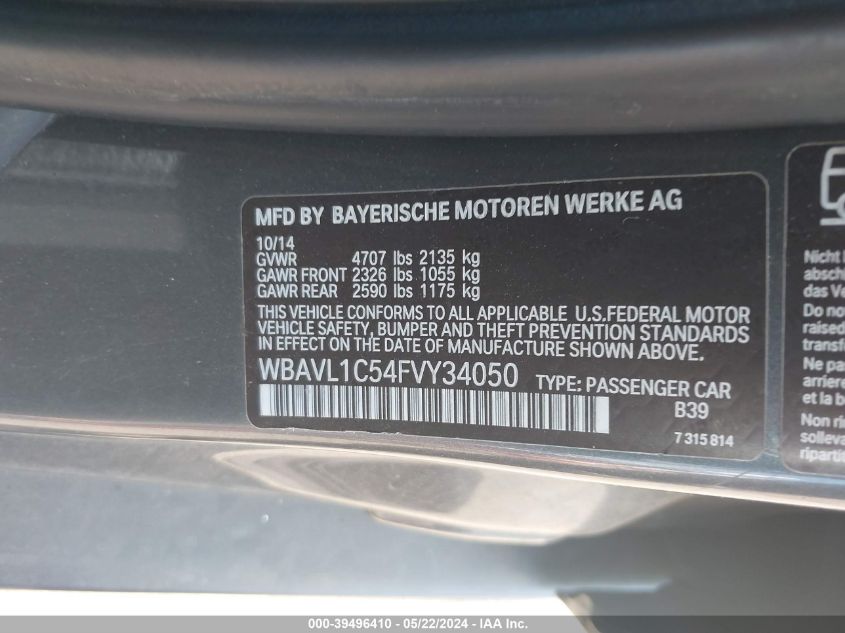 2015 BMW X1 xDrive28I VIN: WBAVL1C54FVY34050 Lot: 39496410