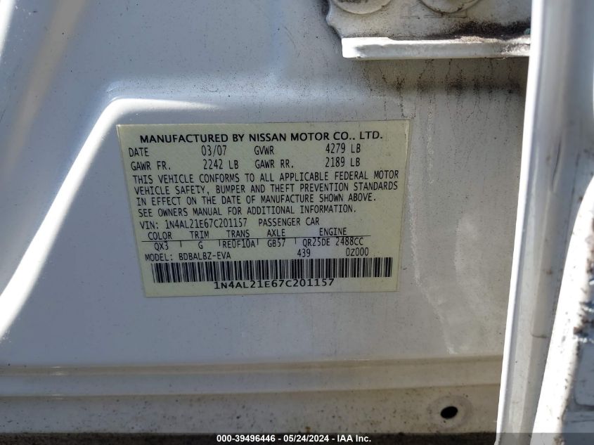 2007 Nissan Altima 2.5 S VIN: 1N4AL21E67C201157 Lot: 39496446