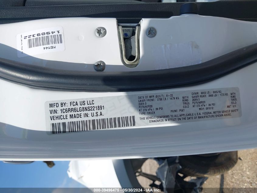 2022 Ram 1500 Classic Warlock 4X2 5'7 Box VIN: 1C6RR6LG8NS221891 Lot: 39496475