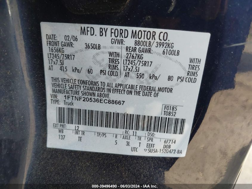 2006 Ford F-250 Xl/Xlt VIN: 1FTNF20536EC88667 Lot: 39496490