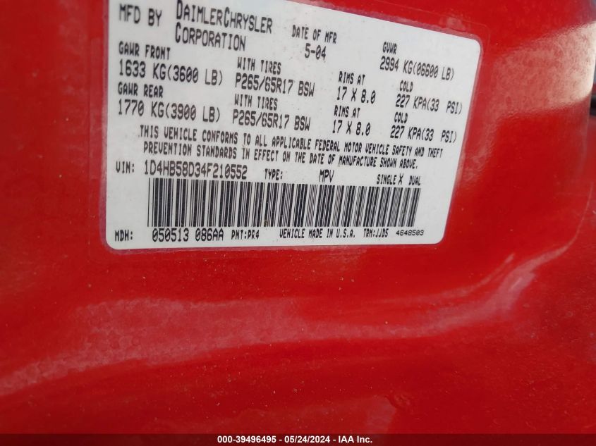 2004 Dodge Durango Limited VIN: 1D4HB58D34F210552 Lot: 39496495