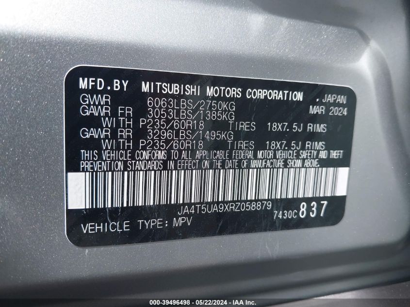 2024 Mitsubishi Outlander Phev Es S-Awc VIN: JA4T5UA9XRZ058879 Lot: 39496498