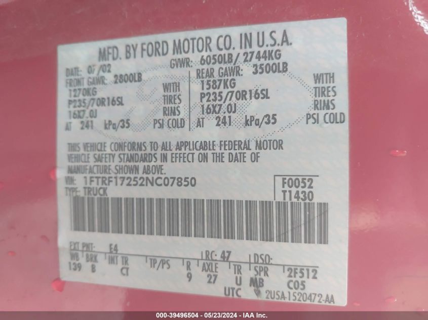 2002 Ford F-150 Xl/Xlt VIN: 1FTRF17252NC07850 Lot: 39496504