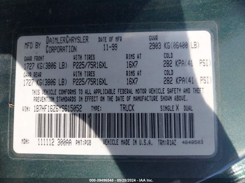 2000 Dodge Ram 1500 St VIN: 1B7HF16Z6YS615052 Lot: 39496548