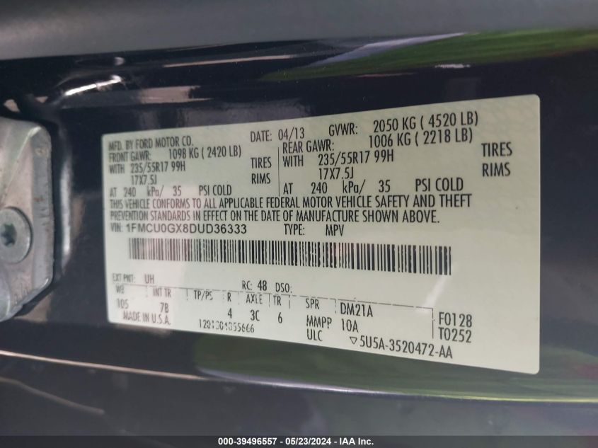 2013 Ford Escape Se VIN: 1FMCU0GX8DUD36333 Lot: 39496557