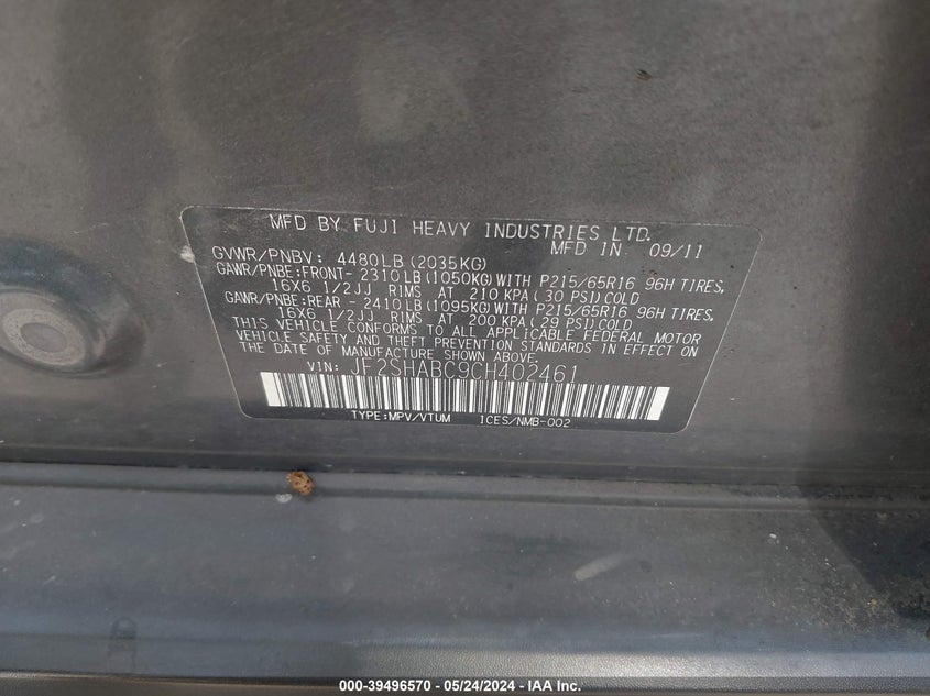 2012 Subaru Forester 2.5X VIN: JF2SHABC9CH402461 Lot: 39496570