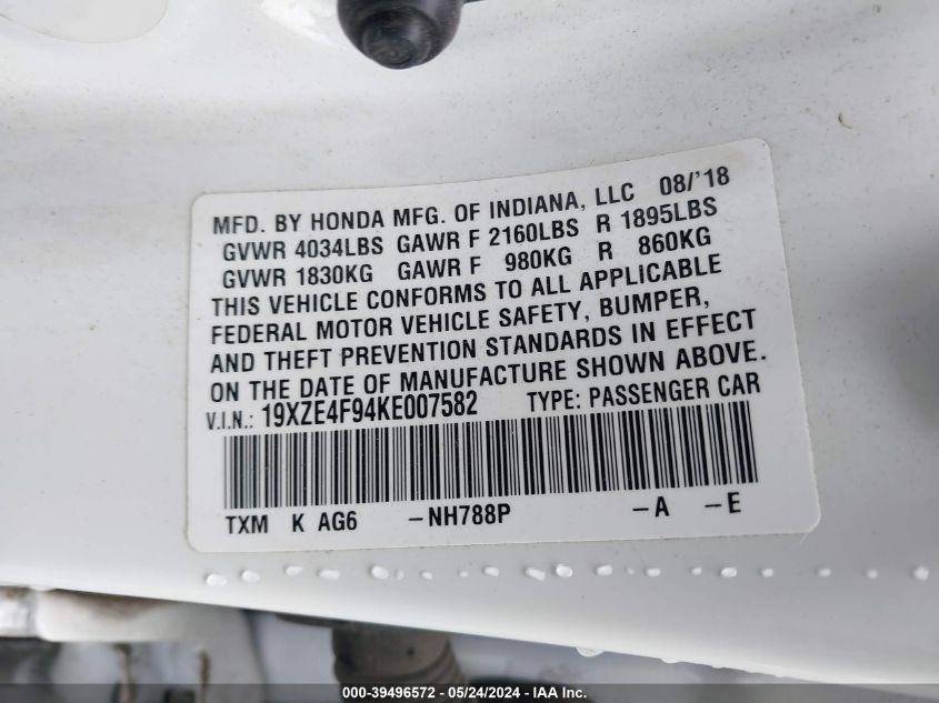 2019 HONDA INSIGHT TOURING - 19XZE4F94KE007582