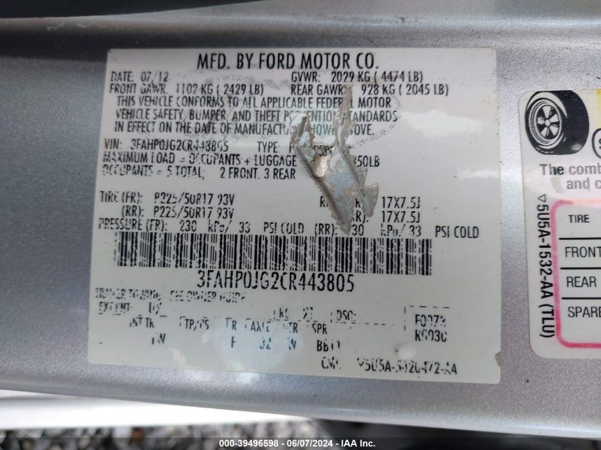 2012 Ford Fusion Sel VIN: 3FAHP0JG2CR443805 Lot: 39496598