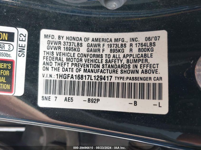 2007 Honda Civic Ex VIN: 1HGFA16817L129417 Lot: 39496610